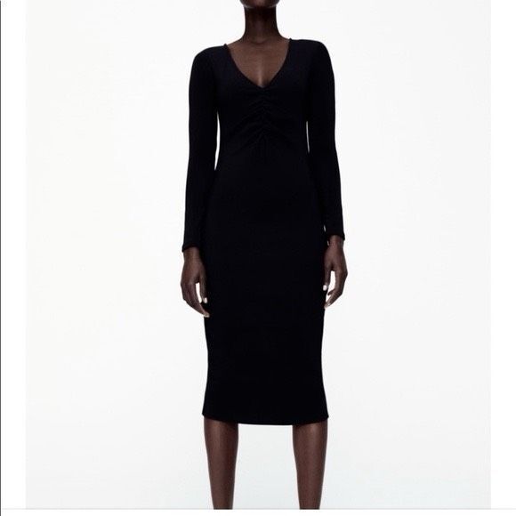 Zara Ottoman Knit Dress V Neck Ruched Front SZ XL - Picture 1 of 14